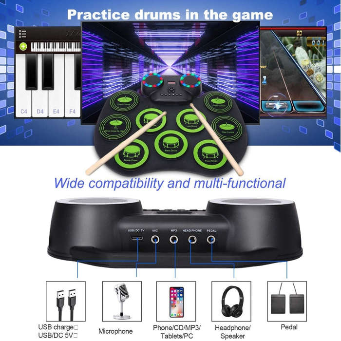Portable Hand Roll Electronic Drum Flashing Light Bluetooth Drum(Icon Version + Black White)
