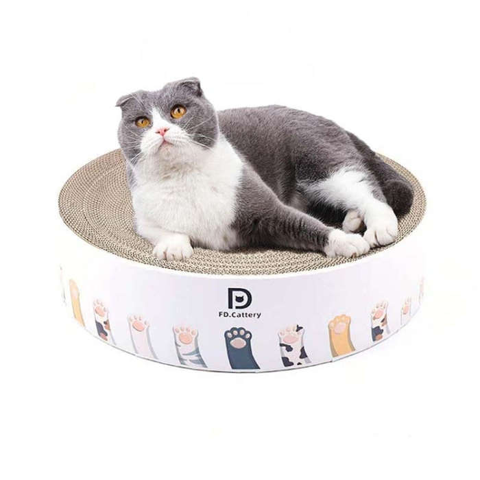 Round Corrugated Cat Scratcher Claw Sharpener Toy Bed, Colour: Paw Print 36x36x8cm