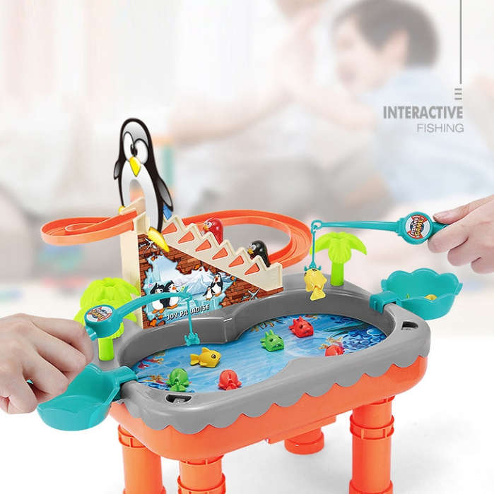 Penguin Stair Climbing Children Electric Magnetic Fishing Toy Multifunctional Game Set(Blue)