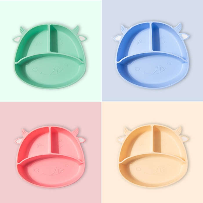 M010094 Children Silicone Dinner Plate Gridded Anti-Fall Eating Bowl Baby Cartoon Complementary F...