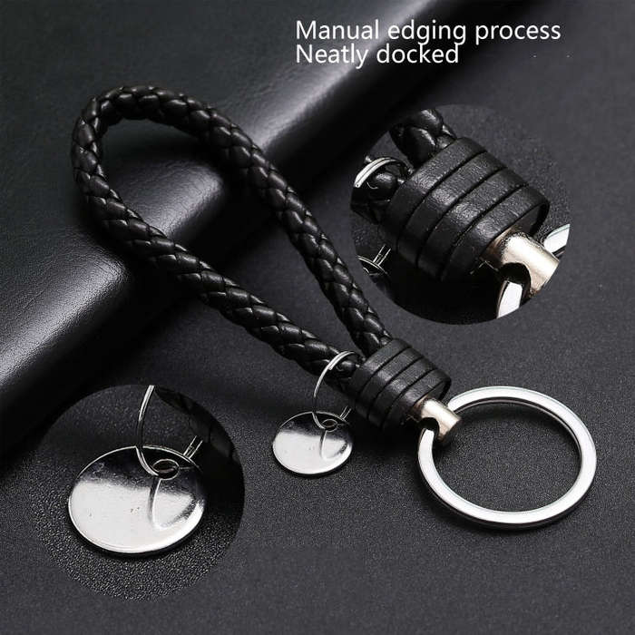 Woven Leather Cord Keychain Car Pendant Leather Key Ring Baotou With Small Round Piece(Red Wine)