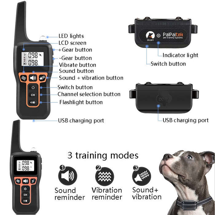 PaiPaitek PD529V-1 Training Dog Anti-Barking Device Vibration Collar 1000M Remote Control Distanc...