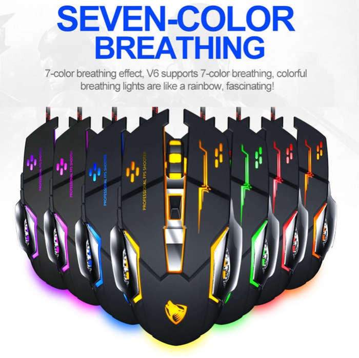 T-WOLF V6 USB Interface 6-Buttons 3200 DPI Wired Mouse Gaming Mechanical Macro Programming 7-Colo...