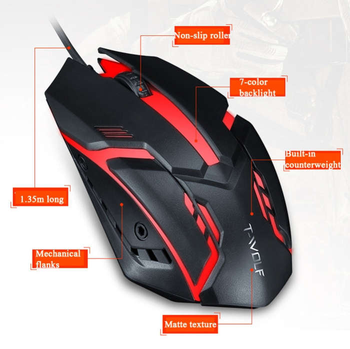 2 PCS T-WOLF V1 USB Interface 3-Buttons 1200 DPI Wired Mouse 7-Color Backlit Gaming Mouse, Cable ...