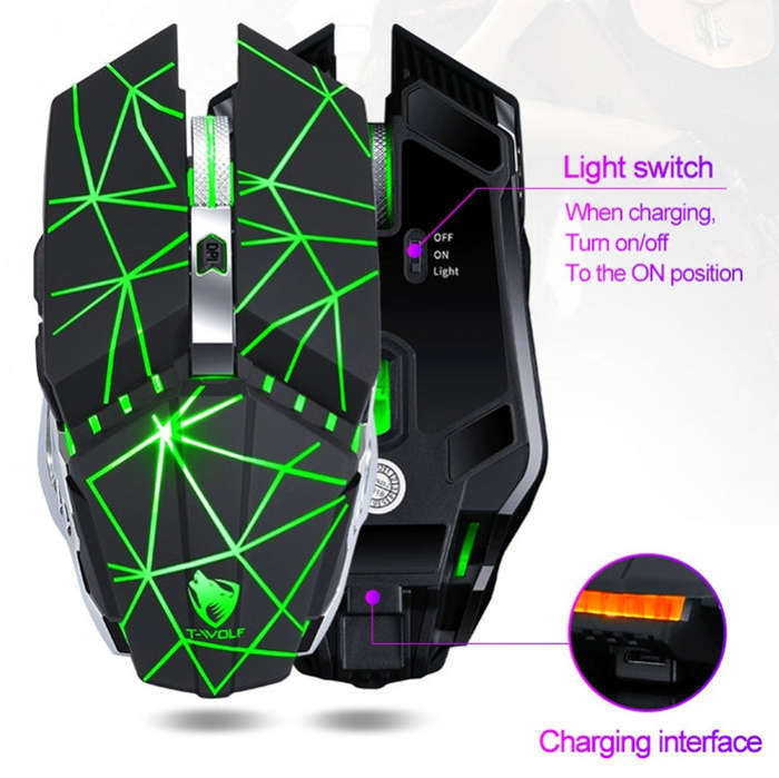 T-WOLF Q15 6-Buttons 1600 DPI Wireless Rechargeable Mute Office Gaming Mouse with 7 Color Breathi...