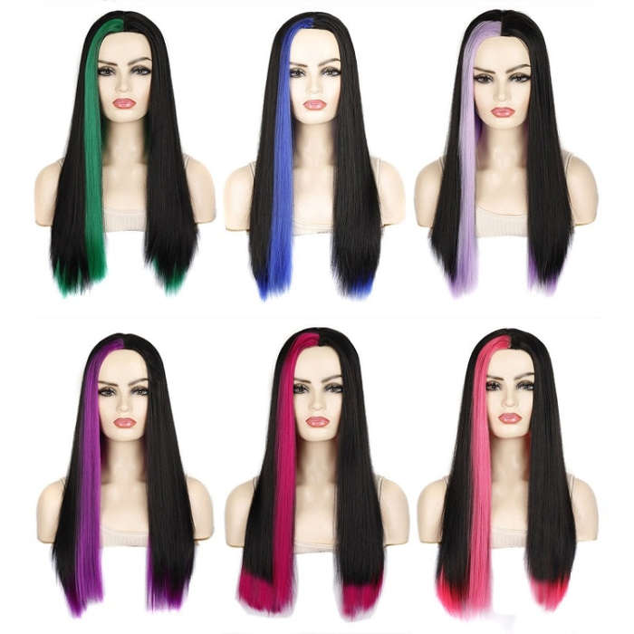 Fashion Medium Haircut Side Bangs Highlight Color Long Straight Wig(Black Ink Green)