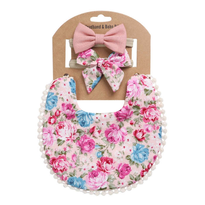 Baby Linen Cotton Printed Double-sided Saliva Towel Headband Set(DP021-11)