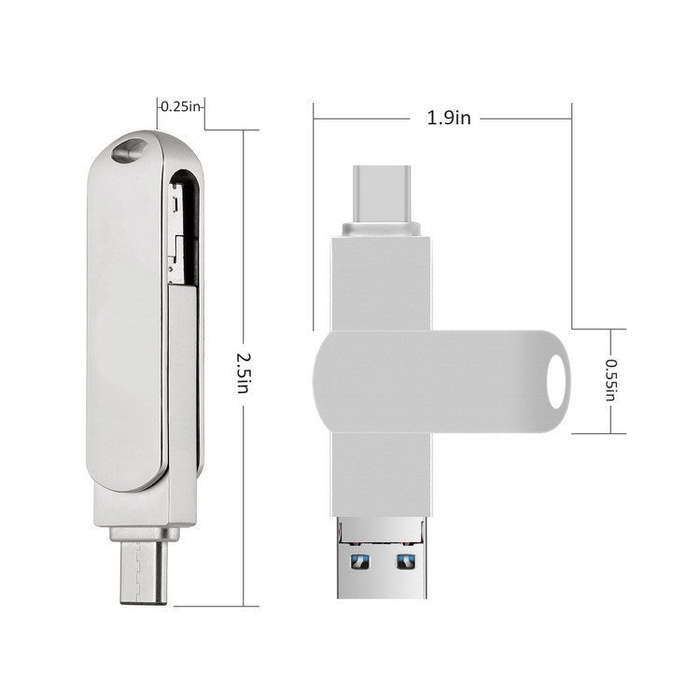256GB USB 3.0 + 8 Pin + USB-C / Type-C 3 in 1 Phone Computer Rotatable Metal U-Disk