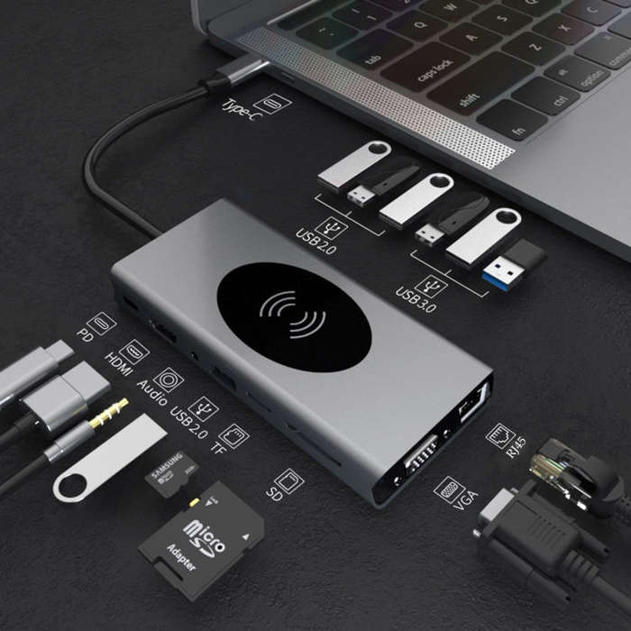 BX15W USB HUB Type-C Docking Station with Wireless Charge Function(15 in 1)