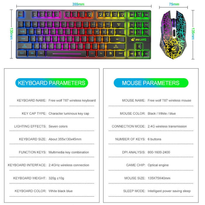 ZIYOU LANG T87 Gaming Luminous Wireless Keyboard and Mouse Set(Black)