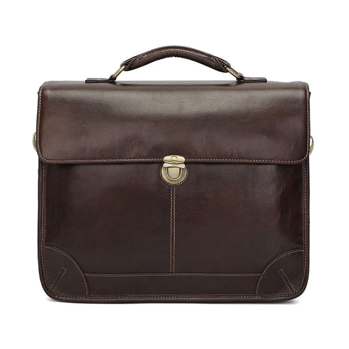 Men Retro Cowhide Leather Briefcase Multifunctional Laptop Bag for 15.6 Inch Computer(Coffee)