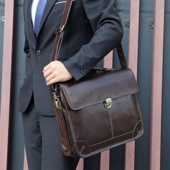 Men Retro Cowhide Leather Briefcase Multifunctional Laptop Bag for 15.6 Inch Computer(Coffee)