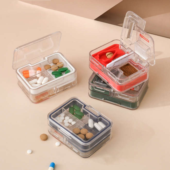 Imakara Mini Square Portable Sealed Medicine Cutter Dispenser Box(Blue)