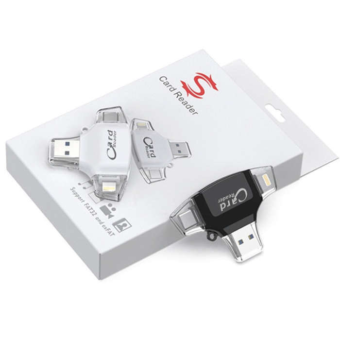 USB 2.0+8Pin +Type-C+Micro USB  4 In 1 Card Reader Supports Reading SD&TF Car(White)