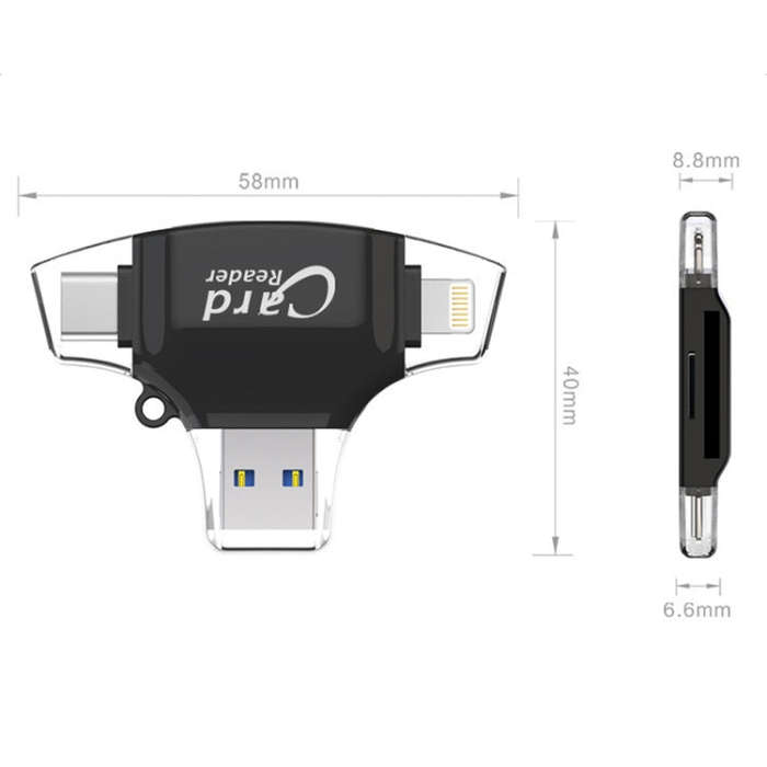 USB 2.0+8Pin +Type-C+Micro USB  4 In 1 Card Reader Supports Reading SD&TF Car(White)