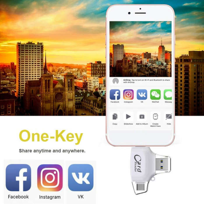 USB 2.0+8Pin +Type-C+Micro USB  4 In 1 Card Reader Supports Reading SD&TF Car(White)