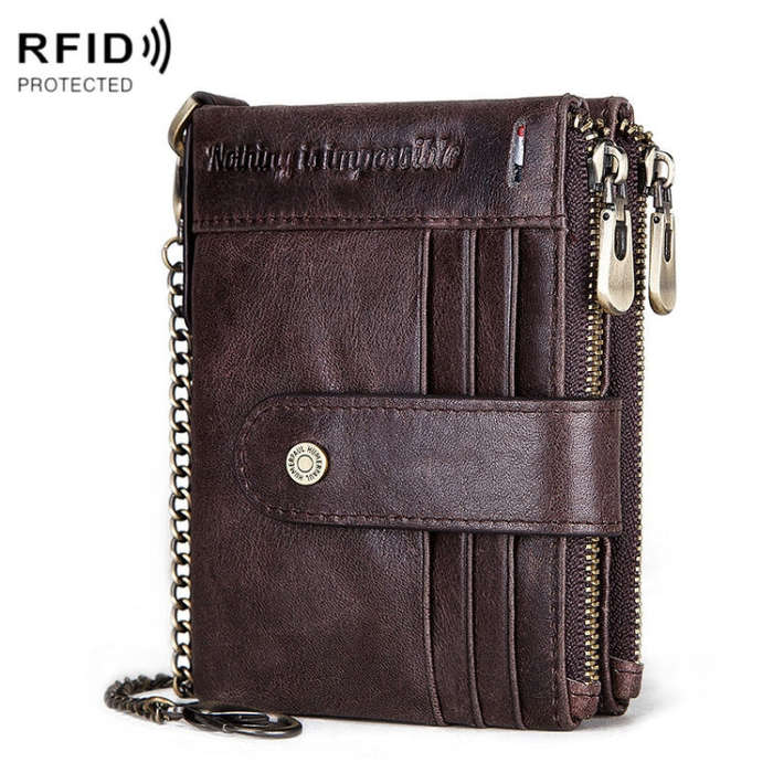 HUMERPAUL BP896 RFID Anti-Theft Brush Dual Zipper Leather Wallet Multi-Card Men Purse(Dark Brown)