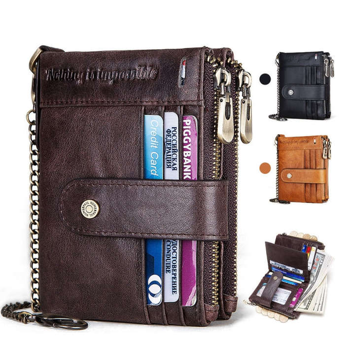 HUMERPAUL BP896 RFID Anti-Theft Brush Dual Zipper Leather Wallet Multi-Card Men Purse(Dark Brown)