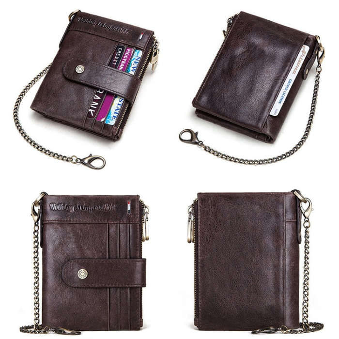 HUMERPAUL BP896 RFID Anti-Theft Brush Dual Zipper Leather Wallet Multi-Card Men Purse(Dark Brown)