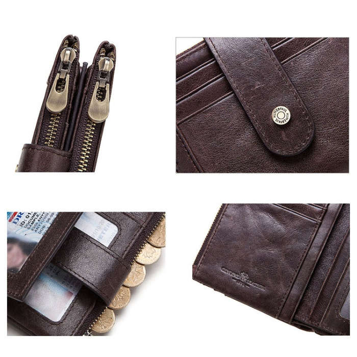 HUMERPAUL BP896 RFID Anti-Theft Brush Dual Zipper Leather Wallet Multi-Card Men Purse(Dark Brown)