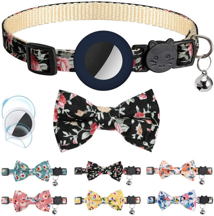 Anti-Lost Printed Bow Pet Collar with Bell for AirTag(Pink)