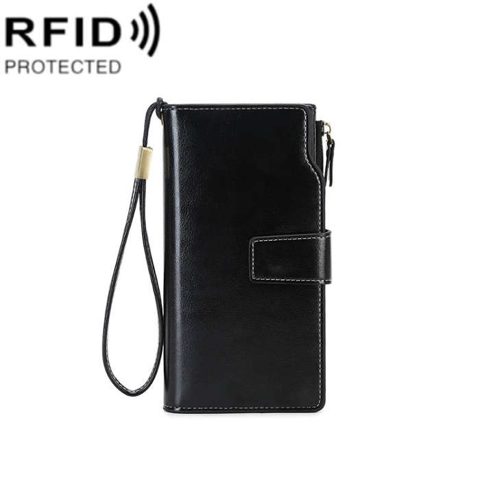 1669 RFID Anti-magnetic Anti-theft Retro Long Wallet Card Holder Document Bag(Midnight Black)