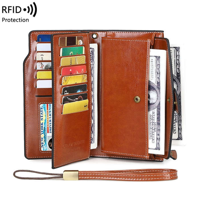 1669 RFID Anti-magnetic Anti-theft Retro Long Wallet Card Holder Document Bag(Retro Brown)