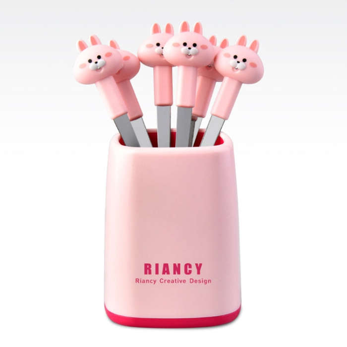 6 Forks + Base Set Stainless Steel Safe Portable Small Fork(Pink)