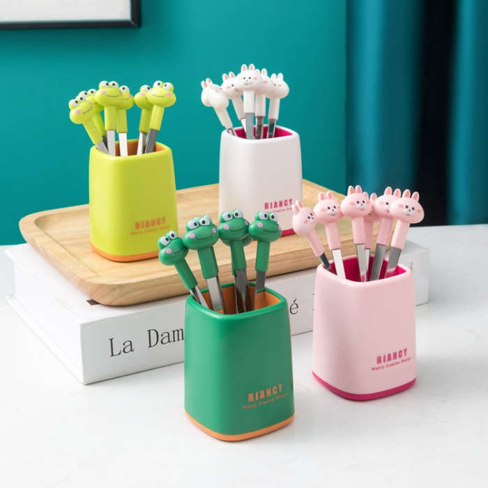 6 Forks + Base Set Stainless Steel Safe Portable Small Fork(Pink)