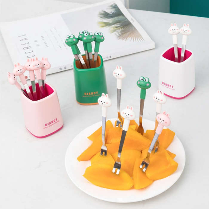 6 Forks + Base Set Stainless Steel Safe Portable Small Fork(Pink)