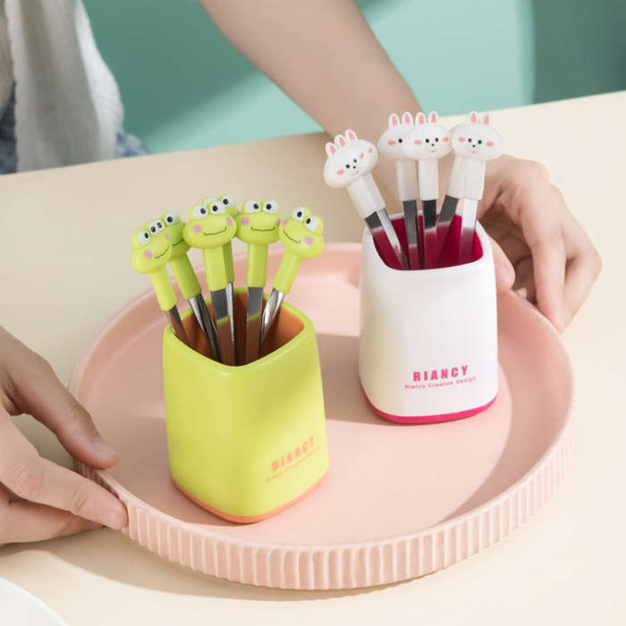 6 Forks + Base Set Stainless Steel Safe Portable Small Fork(Pink)