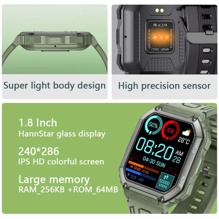 KR06 1.8 Inch Heart Rate Blood Pressure Monitoring Smart Calling Watch(Green)