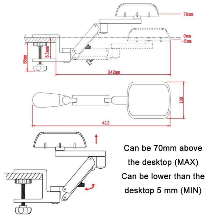 Aluminum Alloy Computer Desk Wrist Brace Arm Bracket, Color: Liftable Gray