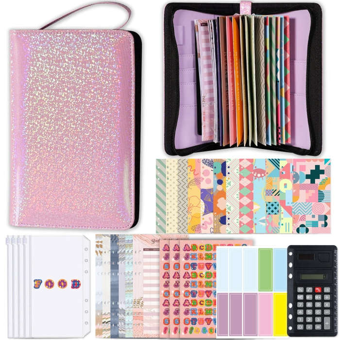 A6 Handheld Zipper Bag Type Large Capacity Cash Budget Book Handbook(Pink)