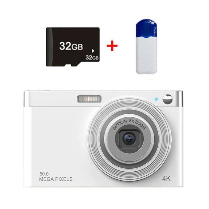 C13 2.88 inch 4K 8X Optical Zoom Telescopic Lens HD Digital Camera, Spec: White+Card Reader+32G
