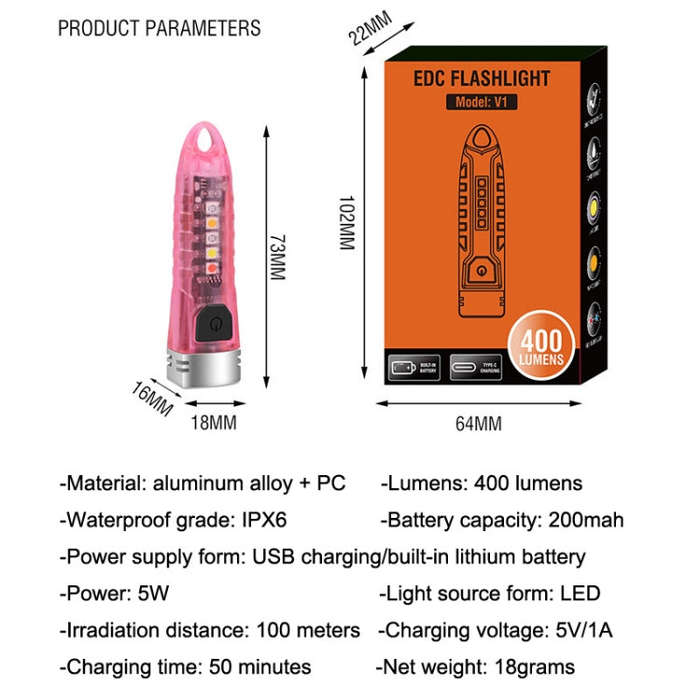V1 Keychain Lantern Mini Light Flashlight Multifunctional Outdoor Home Flashlight(Transparent Pink)