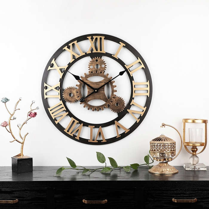 Vintage Wooden Round Gear Silent Wall Clock Rome Number  58cm 4 Gears Golden