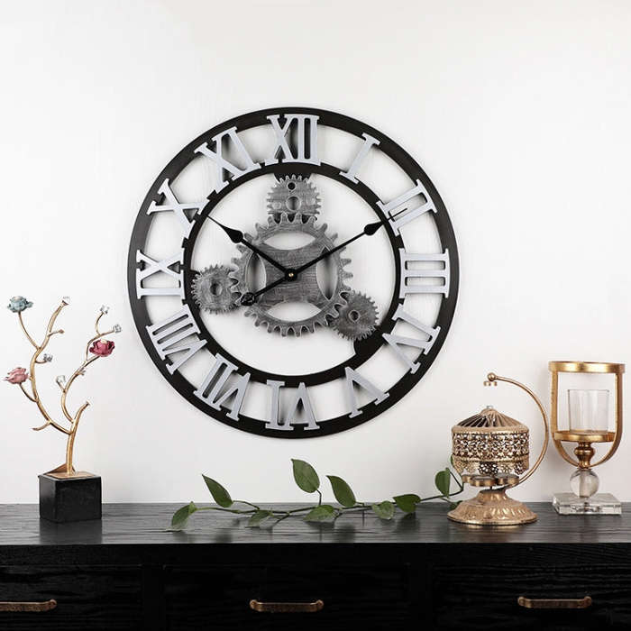 Vintage Wooden Round Gear Silent Wall Clock Rome Number  58cm 4 Gears Silver
