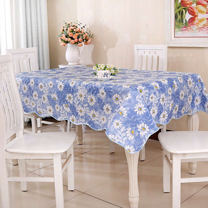PEVA Oil&Water Resistant Coffee Table Tablecloth, Size: 135x135cm(Blue Flower)