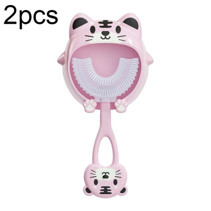 S8 2pcs Children Cartoon Animal Manual U-shaped Silicone Toothbrush for 2-12 Years Old(Pink Tiger)