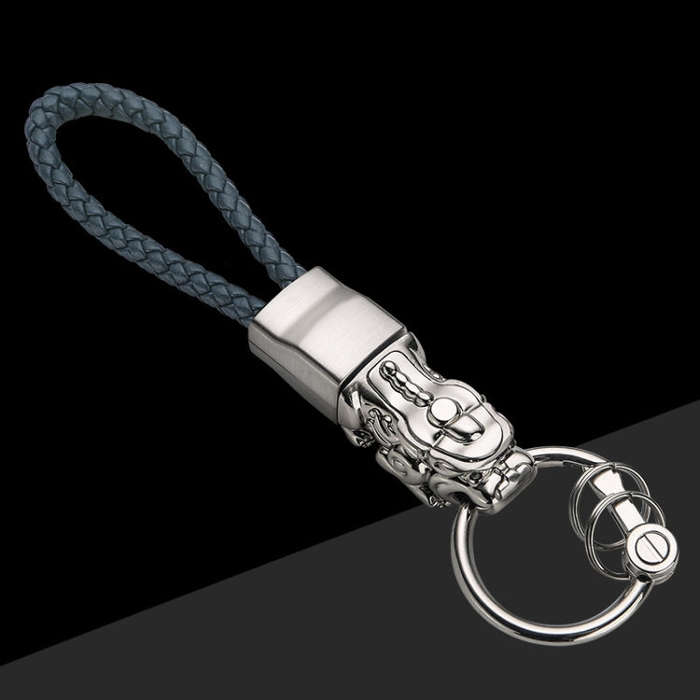 Braided Leather Rope Brave Troops Keychain With LED Light Metal Pendant(White+Gray Rope)