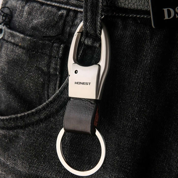 HONEST Leather Car Keychain Simple Circle Ring Pendant Keychain(Black)