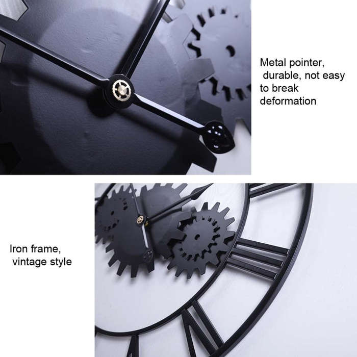 60cm Vintage Iron Round Gear Wall Clock Silent Large Art Clock(Silver+Silver Needle)