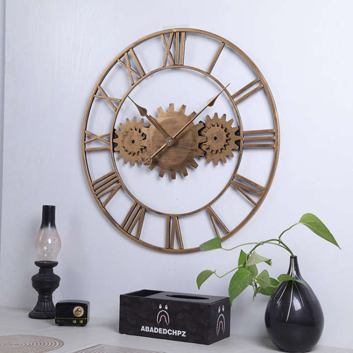 60cm Vintage Iron Round Gear Wall Clock Silent Large Art Clock(Silver+Silver Needle)
