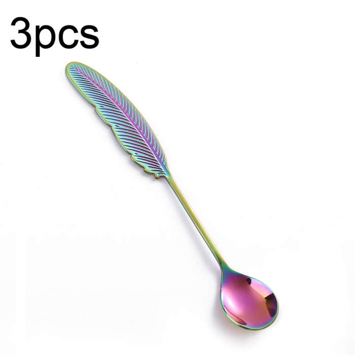 304 Stainless Steel Feather Spoon Fork Literary Tableware,Style: 3pcs Spoon-Dazzle