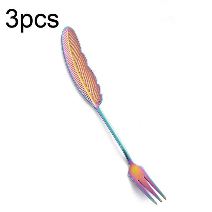 304 Stainless Steel Feather Spoon Fork Literary Tableware,Style: 3pcs Fork-Dazzle