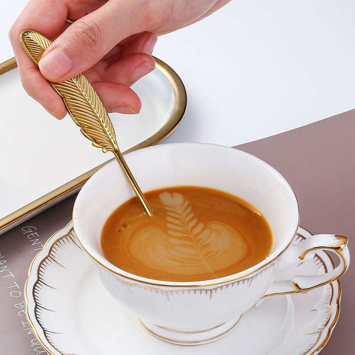 304 Stainless Steel Feather Spoon Fork Literary Tableware,Style: 3pcs Fork-Dazzle