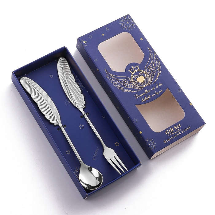 304 Stainless Steel Feather Spoon Fork Literary Tableware,Style: 2 In 1 True Color- Blue Box