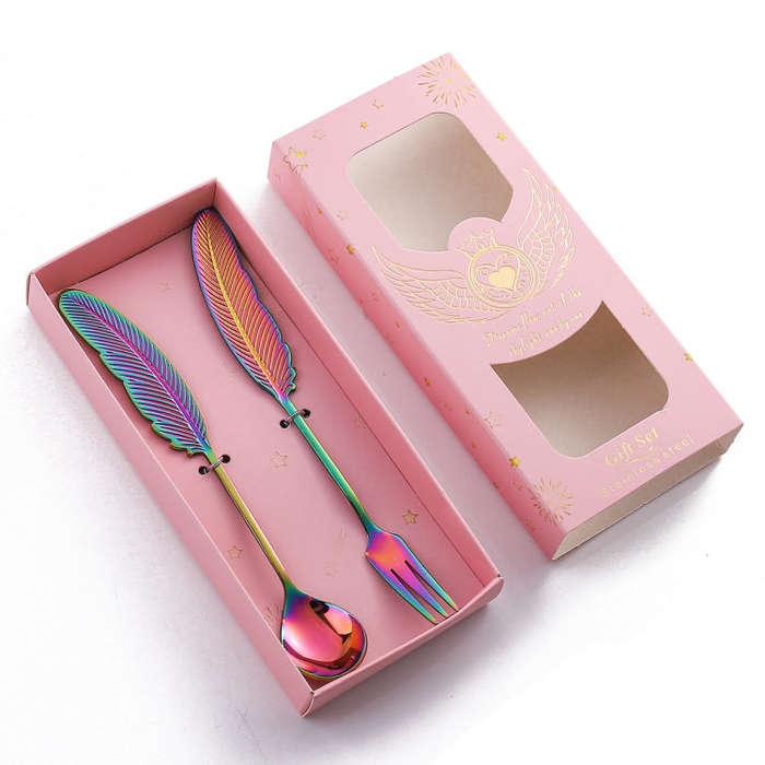304 Stainless Steel Feather Spoon Fork Literary Tableware,Style: 2 In 1 Dazzle-Pink Box