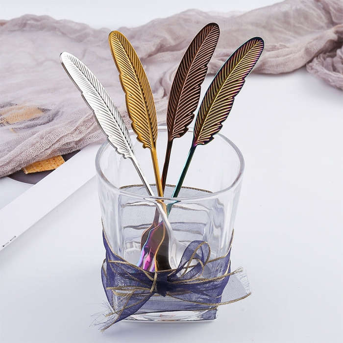 304 Stainless Steel Feather Spoon Fork Literary Tableware,Style: 2 In 1 Dazzle-Pink Box